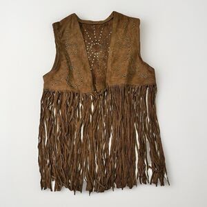 Vintage Brown Suede Fringe Vest Boho Hippie Western Festival Grommet Detail